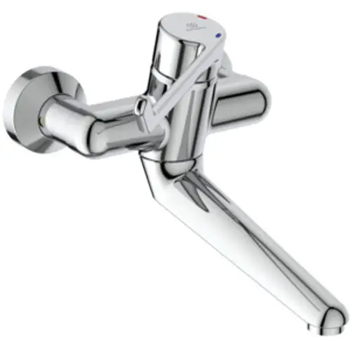 Ideal Standard Wandarmatur mit einem Hebel, der eine Wasserregulation ermöglicht. Die Oberfläche ist aus verchromtem Material.